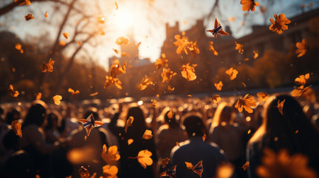 Crowd of people in the city with autumn leaves flying in the airの素材