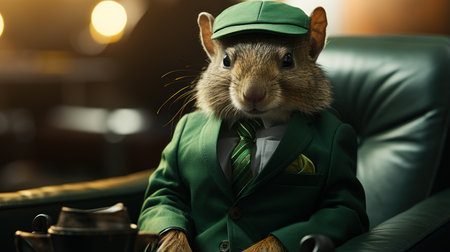 Funny rat in a green suit and cap sitting on a leather chairの素材