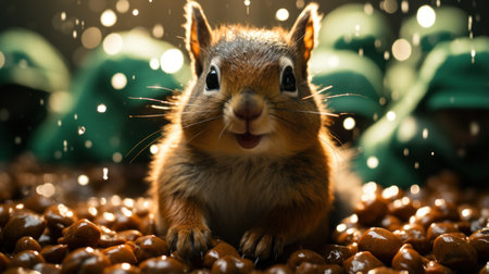Squirrel with chestnut in front of christmas lights background.の素材