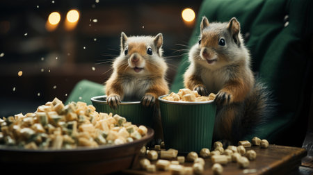 Two cute squirrels sitting in front of a bowl full of foodの素材
