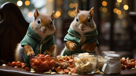 Two squirrels in a green suit are sitting on a chair and eating nutsの素材