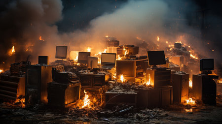 Burning old computer monitor screen on fire. Burning computer monitor screen on fire.の素材