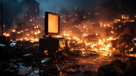 TV screen on fire with smoke and flames at night. Selective focusの素材