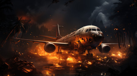 Airplane destroyed by fire. Disaster concept.の素材