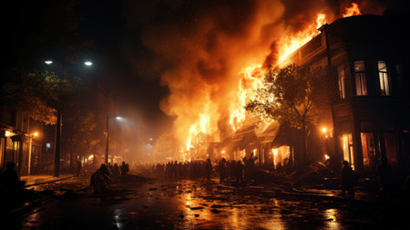 Fire in the city at night. Burning buildings, streets and houses.の素材