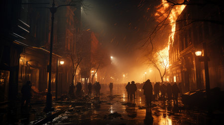 People walking in the street at night with fog in the background.の素材