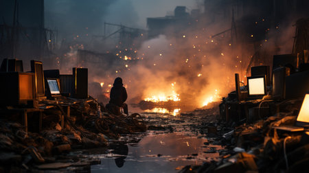 Fire in the city. Firefighters extinguish a fire. Firefighters extinguish a fire.の素材