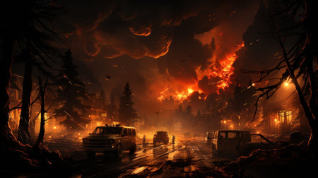 Burning forest at night. Fire in the city. Burning trees and cars.の素材