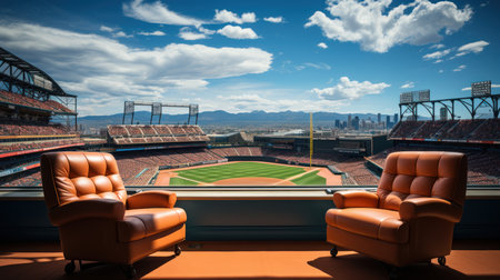 Soccer stadium with red seats and blue sky with white clouds.の素材