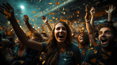Happy fans cheering at a soccer match on the main stage of the stadiumの素材