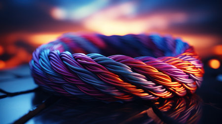 Multicolored cables on the background of the setting sun, close-upの素材