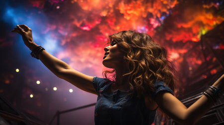 Portrait of young female singer with raised hands on the background of smokeの素材
