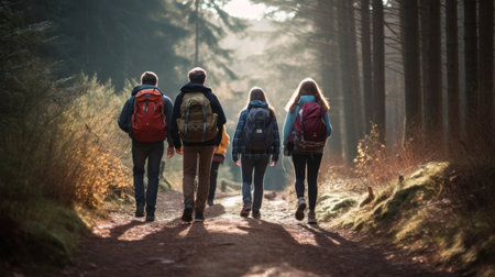 Group of hikers walking in the forest. Rear view of people with backpacks.の素材