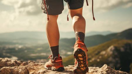 young woman hiker legs hiking on mountain peak rock during sunny dayの素材