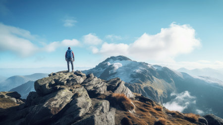 Hiker with backpack standing on top of a mountain and looking into the distanceの素材