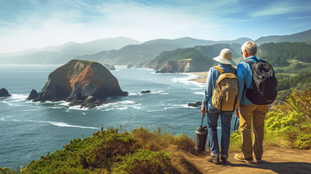Senior couple with backpacks standing on a cliff and enjoying the viewの素材