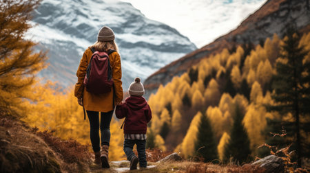 Mother and daughter hiking in the mountains. Happy family in autumn.の素材