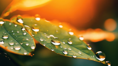 Water drops on green leaves in the morning. Nature background. Selective focus.の素材