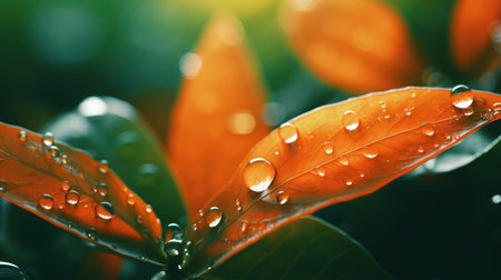 Water drops on green leaves after rain in the morning. Nature backgroundの素材