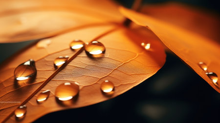 Water drops on autumn leaf macro closeup. Natural background with copy space.の素材