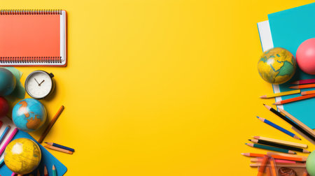 top view of colorful stationery on yellow background with space for textの素材