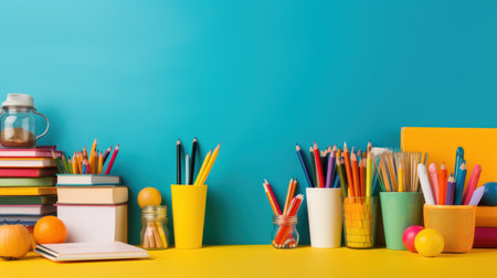 School supplies and stationery on yellow table. Back to school conceptの素材
