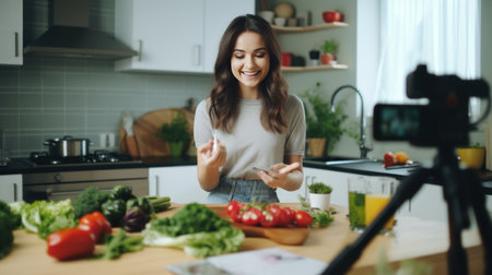 Beautiful young woman making video for her blog about cooking at homeの素材