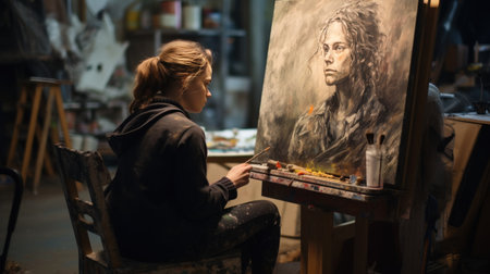 Young woman artist painting a picture on canvas in the art studio.の素材