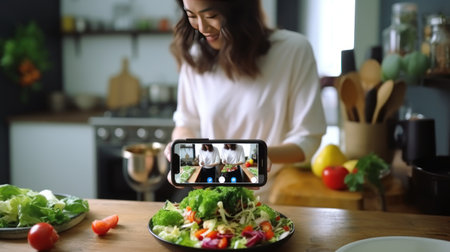 Young woman making video call on mobile phone while cooking in kitchen.の素材
