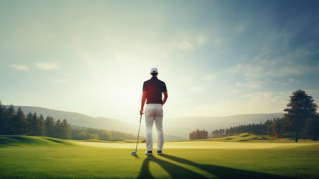 Golfer on a golf course at sunsetの素材