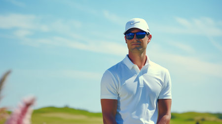 Portrait of a golf player in a white cap and sunglasses on a golf courseの素材