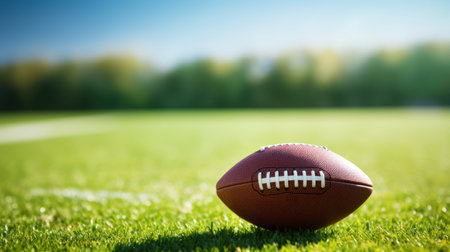 American football ball on green field with trees in background. Focus on ball.の素材