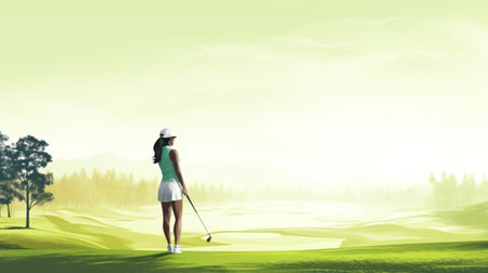Young woman golf player on course at beautiful sunny day. Mixed mediaの素材