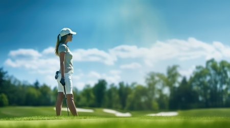 Golfer girl on golf course. Young woman playing golf.の素材