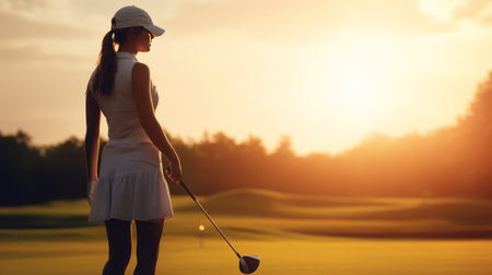 Young woman playing golf on a beautiful golf course at sunset. Female golfer on a golf course.の素材