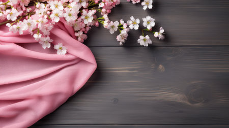 Cherry blossoms on a wooden background. Top viewの素材