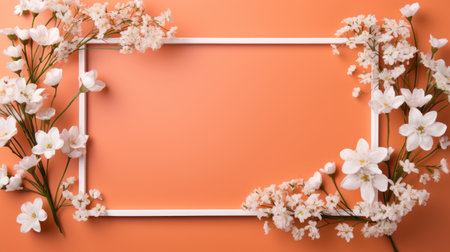 Frame with white flowers on orange background.の素材