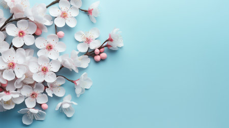 Flowering branch of sakura on light blue backgroundの素材