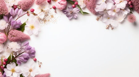 Spring flowers on white background with copy space. Flat lay, top viewの素材