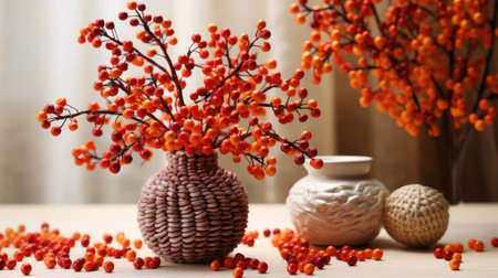 Bouquet of rowan berries in vase on wooden tableの素材