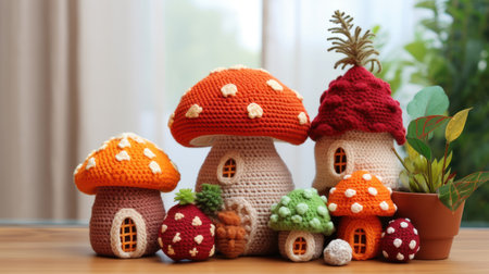 Handmade crocheted toy houses on wooden table, closeupの素材