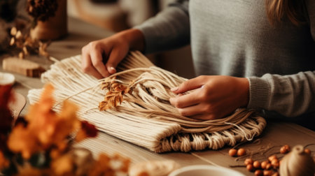 Close-up of female hands knitting wicker scarf in cozy kitchenの素材