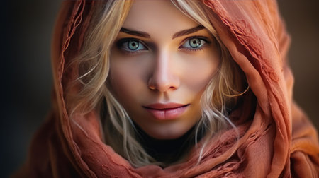 Portrait of a beautiful blonde girl with a scarf on her head.の素材