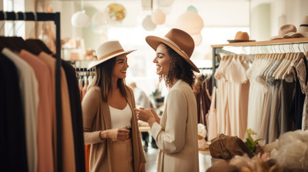 Beautiful young women in hats looking at each other while shopping in boutiqueの素材