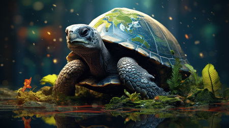 Turtle with a globe on a dark background.の素材