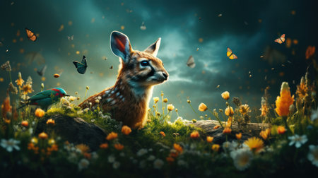 Fantasy scene with fawn and colorful butterfliesの素材