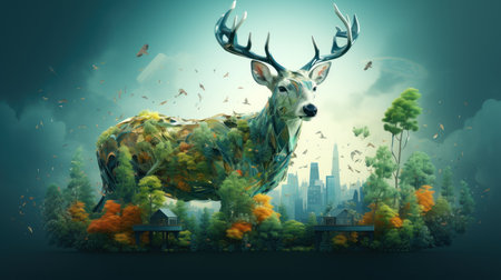 Deer in the forest with city in the background.の素材
