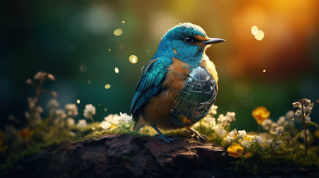 Beautiful blue bird sitting on the stone in the garden with flowersの素材