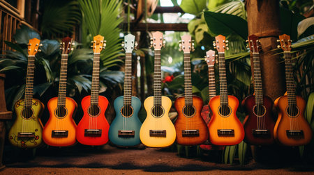 Colorful ukulele in the garden - vintage filter effectの素材