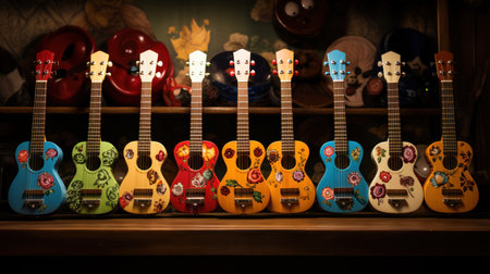 Colorful ukulele on the shelf in the store.の素材